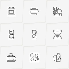 Kitchen Application line icon set with coffee machine , electric stove  and stove