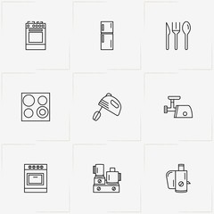 Kitchen Application line icon set with meat grinder, stove  and food processor