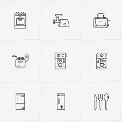 Kitchen Application line icon set with disposable cutlery, gas stove  and refrigerator