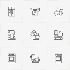 Kitchen Application line icon set with fryer, cooking and stove