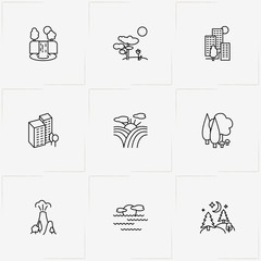 Landscape line icon set with landscape, dawn and forest and moonlight