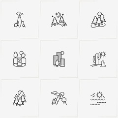 Landscape line icon set with sunshine, city buildings and landscape