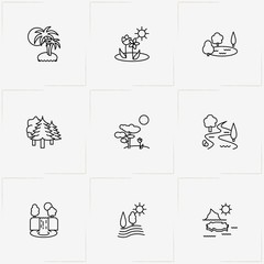 Landscape line icon set with lake, palms on island and sunshine