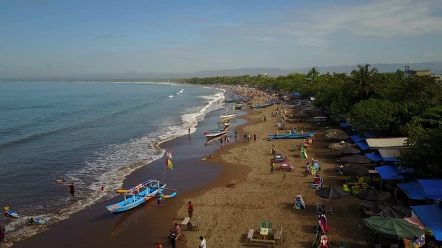 Flying over popular beach in Pangandaran, Indonesia