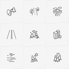 Landscape line icon set with landscape, forest and moonlight  and city buildings