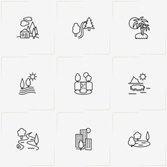 Landscape line icon set with palms on island, city buildings and sunshine