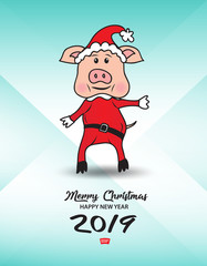 Cute pig in a Santa Cross dress with a red bag. And gift boxes with Christmas tree. vector illustration, Merry Christmas and happy new year 2019 gift card template, banner, poster, flyer