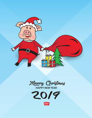 Cute pig in a Santa Cross dress with a red bag. And gift boxes with Christmas tree. vector illustration, Merry Christmas and happy new year 2019 gift card template, banner, poster, web banner, header