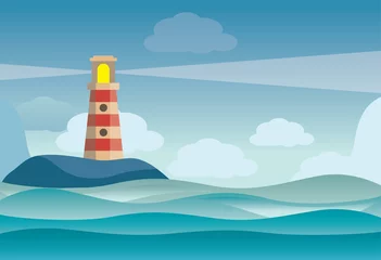 Papier Peint photo Bleu Jeans Lighthouse on rock stones island landscape - vector illustration