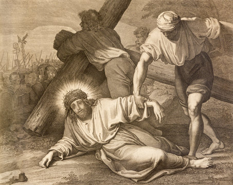 REGGIO EMILIA, ITALY - APRIL 12, 2018: The lithography of Fall of Jesus under the cross (cross way) in church Chiesa di Santo Stefano by Benedetto Eredi (1750 - 1812).