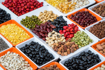 Different dried legumes family in ceramic bowl, Collection multi colour dried bean organic for eating healthy lifestyle