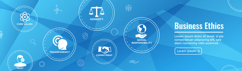 Business Ethics Web Banner Icon Set with Honesty, Integrity, Commitment, and Decision