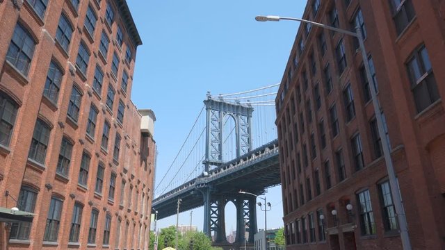 4k moving shot of Manhattan Bridge from Dumbo Brooklyn