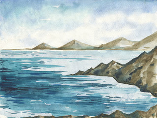 Ocean landscape, Sea side, Beach. Beautiful watercolor hand painting illustration - 209287790