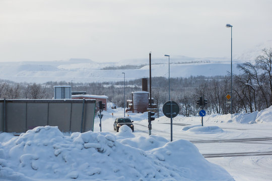 Winter view of Kiruna, the northernmost town in Sweden, province of Lapland, winter sunny picture
