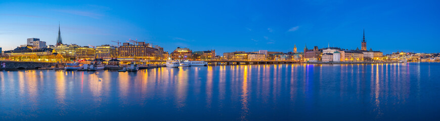 Panorama view of Stockholm Gamla Stan and cityscape skyline at night in Stockholm, Sweden