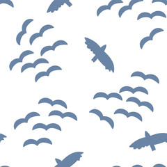 Bird silhouettes blue on a white background. Seamless vector pattern. Part of my "Let's go glamping!" collection.