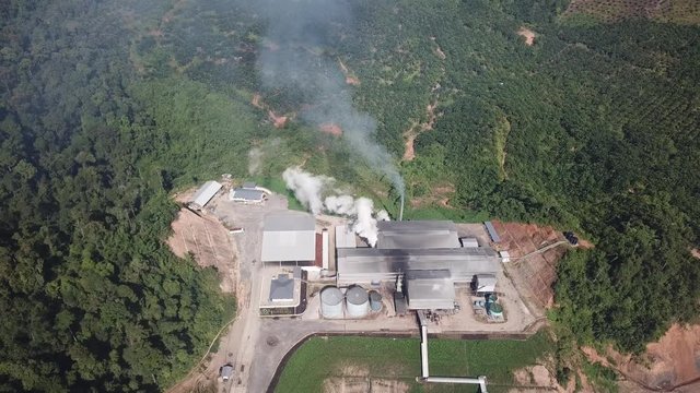 Aerial drone footage of palm oil refinery in Borneo, Malaysia. Palm oil is used to make biofuel.