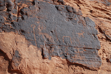 Petroglyphs on red sandstone in the Valley of Fire