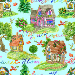 Seamless background with cute cottage houses, lettering and trees on blue. Vintage rural pattern with watercolor illustrations. Gardening and home countryside concept 