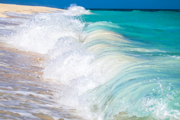 Tropical background view from Boracay island at Puka beach with waves and blue sky and turquoise sea water Travel Vacation at Philippines