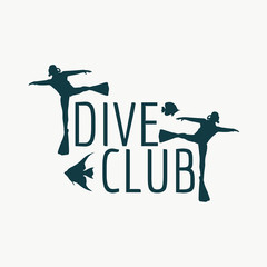Silhouette of diver. Graphic design of stamp. The concept of sport diving.