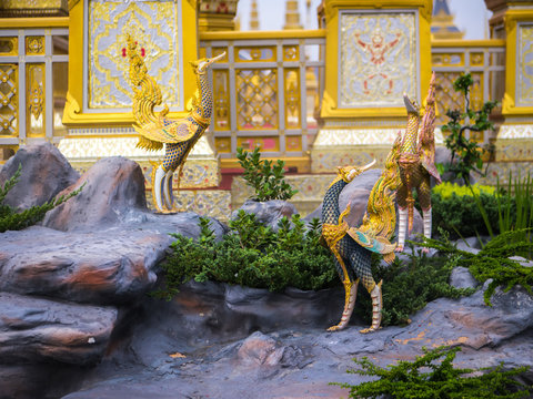 Bangkok Thailand, November 11, 2017 : Swan-like mythical creatures of Himvanta around The Royal crematorium of King Rama IV