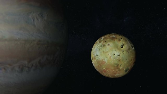 Io moon and Jupiter. Orbiting the planetary moon Io with Jupiter in background. Satellite view.