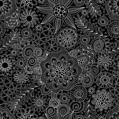 Black and white repeat pattern vector doodles, mandalas, shapes and flowers