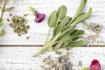 Fresh and Dry Sage with edible flowers on a rustic table top