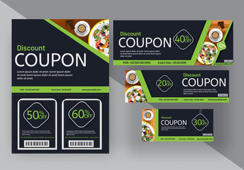 Discount coupon set for food cafe, or restaurants. Multiple discounts. - obrazy, fototapety, plakaty
