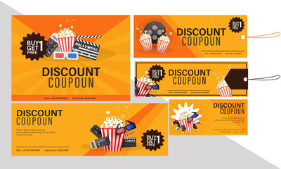 Discount coupon set for movies with food combo offers.