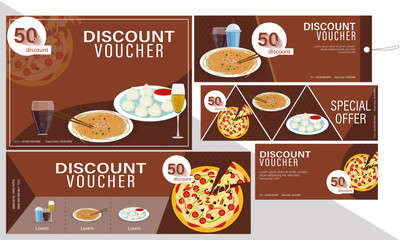 Discount coupon or voucher set for restaurants or food cafes.