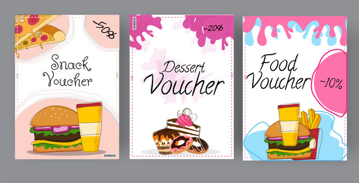 Doodle style discount coupons or voucher set on snacks, desserts, and fast food meals for restaurants.