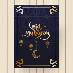 Hanging crescent moon and floral elements decorated glossy text Eid Mubarak.