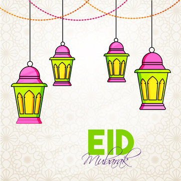 Colorful traditional lantern hanging on white islamic background foe Eid Mubarak celebration.