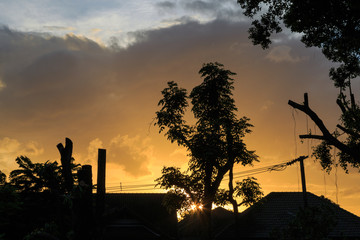 silhouette picture of tree and roof house with rain clouds at twilight.