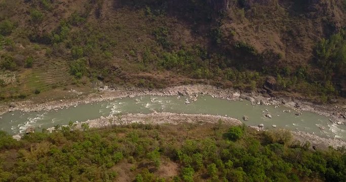 Aerial view of Kali Gandaki river near Kusma in Nepal