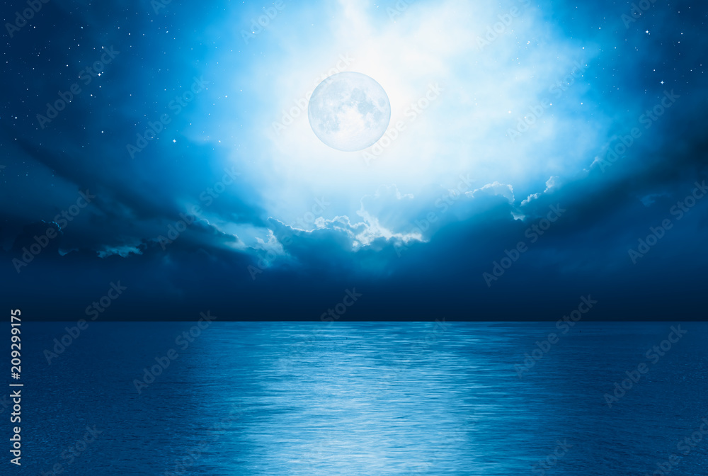 Poster night sky with full moon and reflection in sea, 