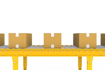 Empty cardboard box on yellow conveyor line isolated on a white background, Delivery concept, 3d rendering