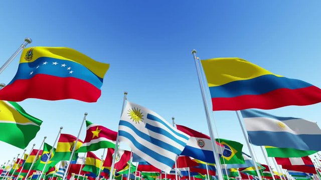 Row of national flags against blue sky  3d rendering animation