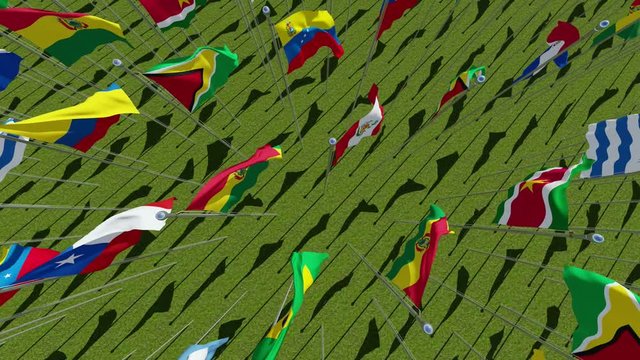 South America Continent Flags blowing in the wind in green field, view from above. 3d rendering animation