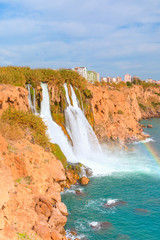 Colorful amazing Duden waterfall with rainbow - Antalya, Turkey