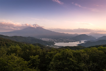 Mountain Fuji with sunset sky and Kawakuchiko lake in summer