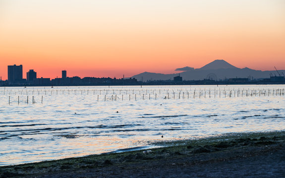 Nice view of Tokyo sunset , Tokyo bay at Funabashi area and Mt. Fuji in winter season