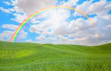Obraz na płótnie Canvas Green grass field and bright blue sky with rainbow