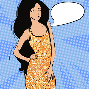 Vector young beautiful fashion girl in a sparkling gold dress with bubble for text on a comics blue background.