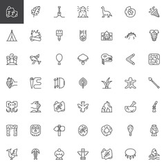 Prehistoric elements outline icons set. linear style symbols collection, line signs pack. vector graphics. Set includes icons as Cave painting, Dinosaur skeleton, Moai, Mammoth, Fossil, Stonehenge