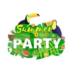 Word PARTY summer composition with creative green jungle leaves toucans fruits and coctail in paper cut style. Tropical birds fruits leaf for design poster, banner, flyer T-shirt printing, Vector card