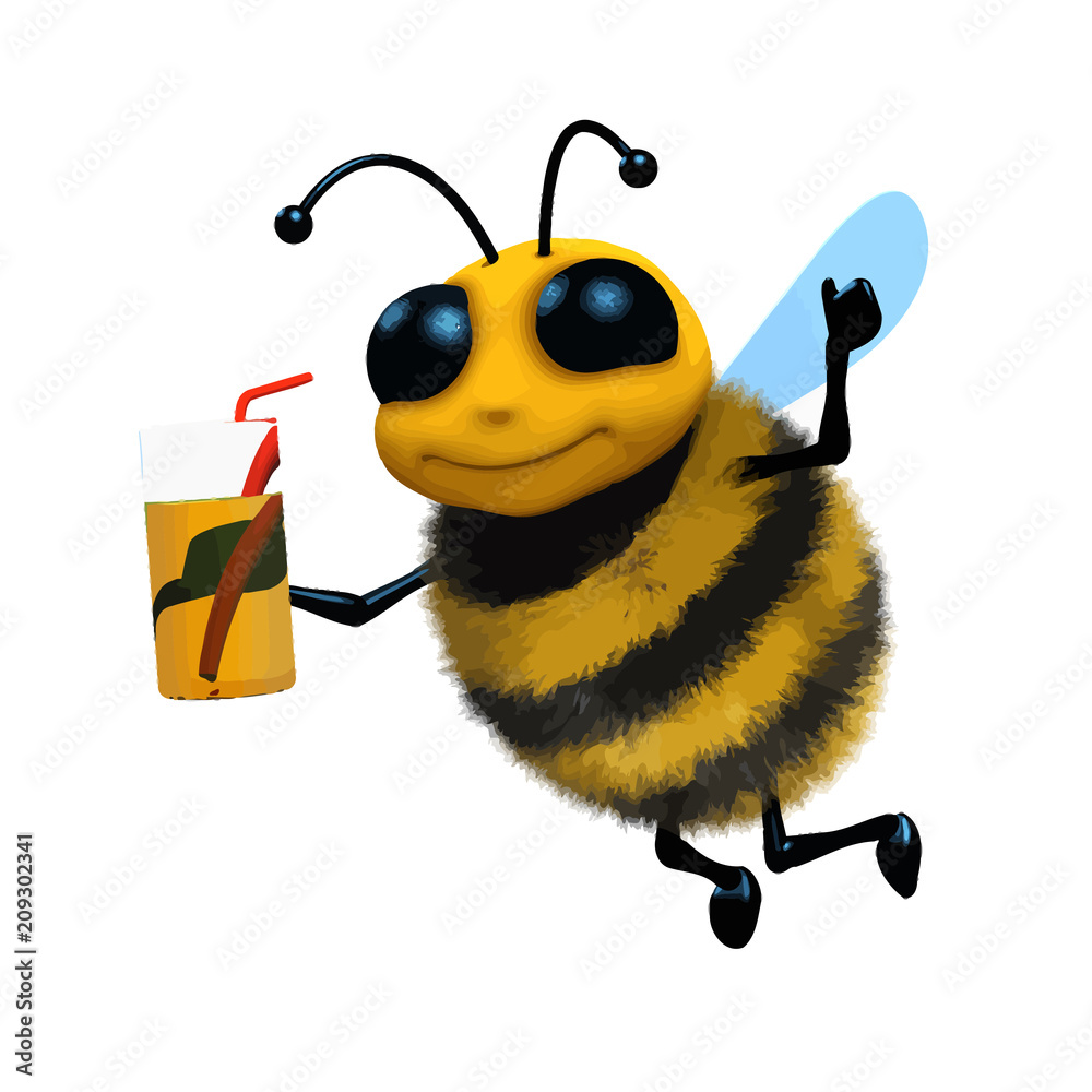 Canvas Prints Vector 3d Funny cartoon honey bee character drinking juice from a glass